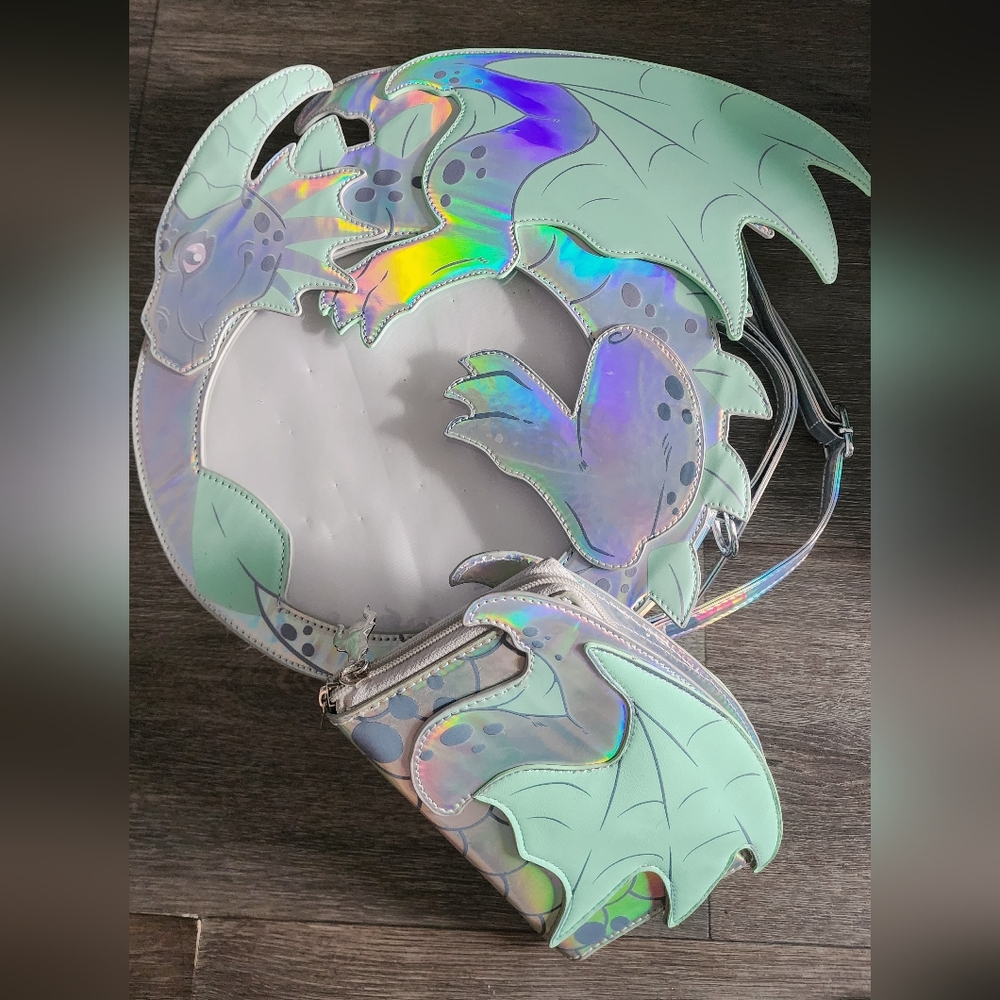 Ita Holographic Teal Dragon Shoulder Bag Convertible Backpack With Wallet
